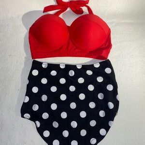 Red Bikini Top, B&W polka dot high waisted bottoms
